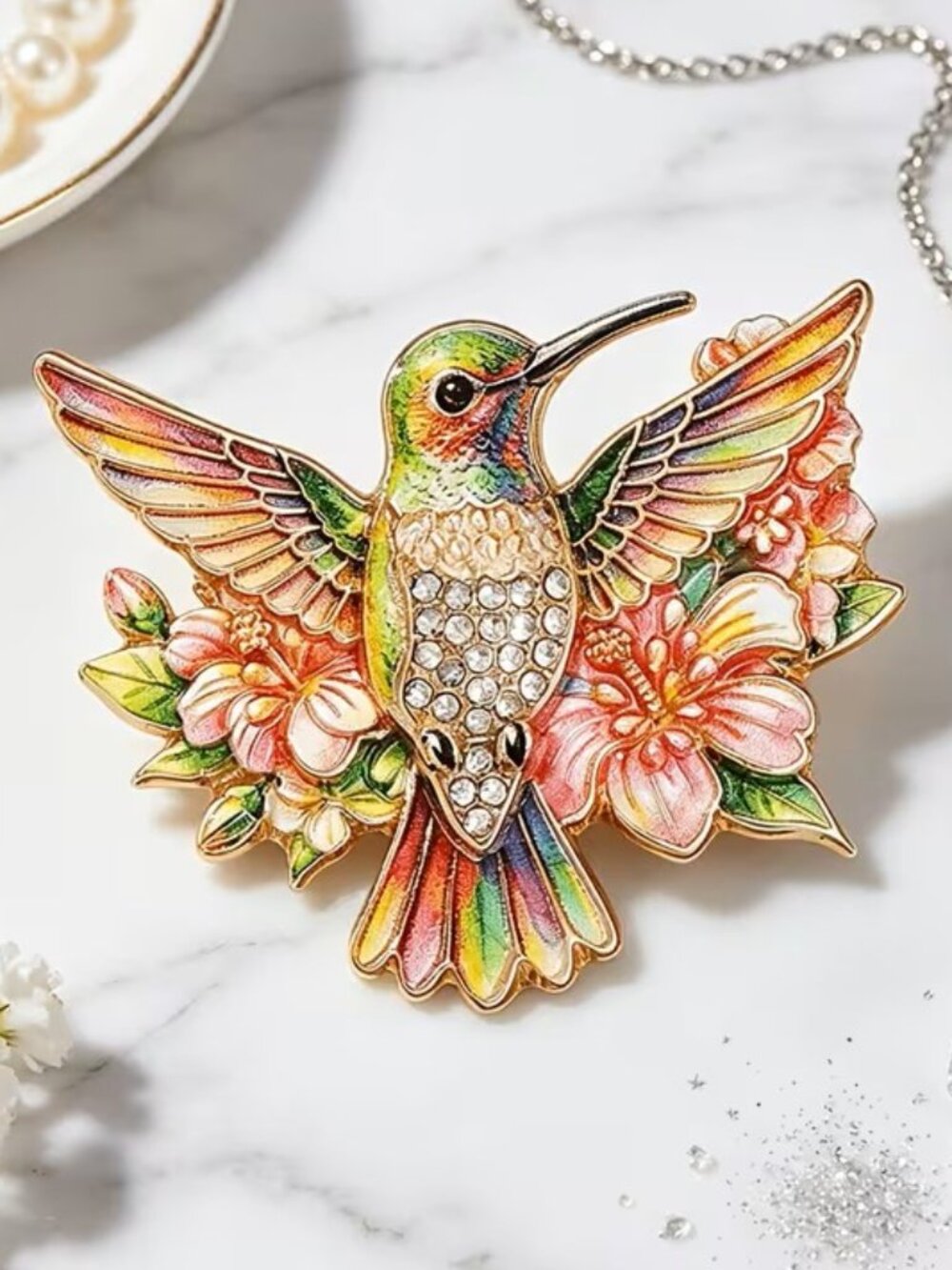 Colorful Floral Hummingbird Enamel Brooch Pin Z2